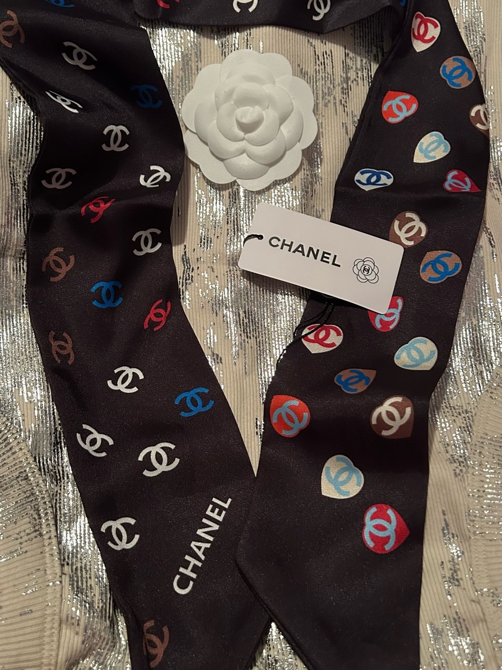 CC  Black Silk Logo-Print Twilly with Multicolor CC Motifs Stunning